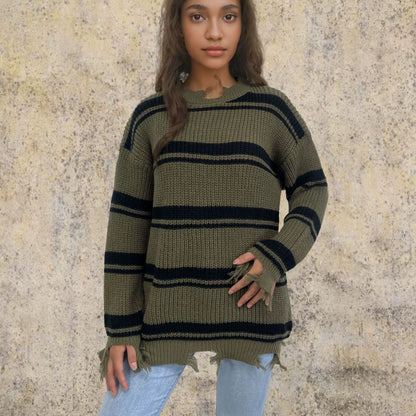 Übergröße Pullover Gestrickt Wolle Kontraststreifen