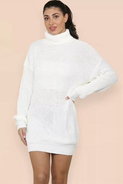 Damen Strickkleid Hochkragen Gestrickt Elegant
