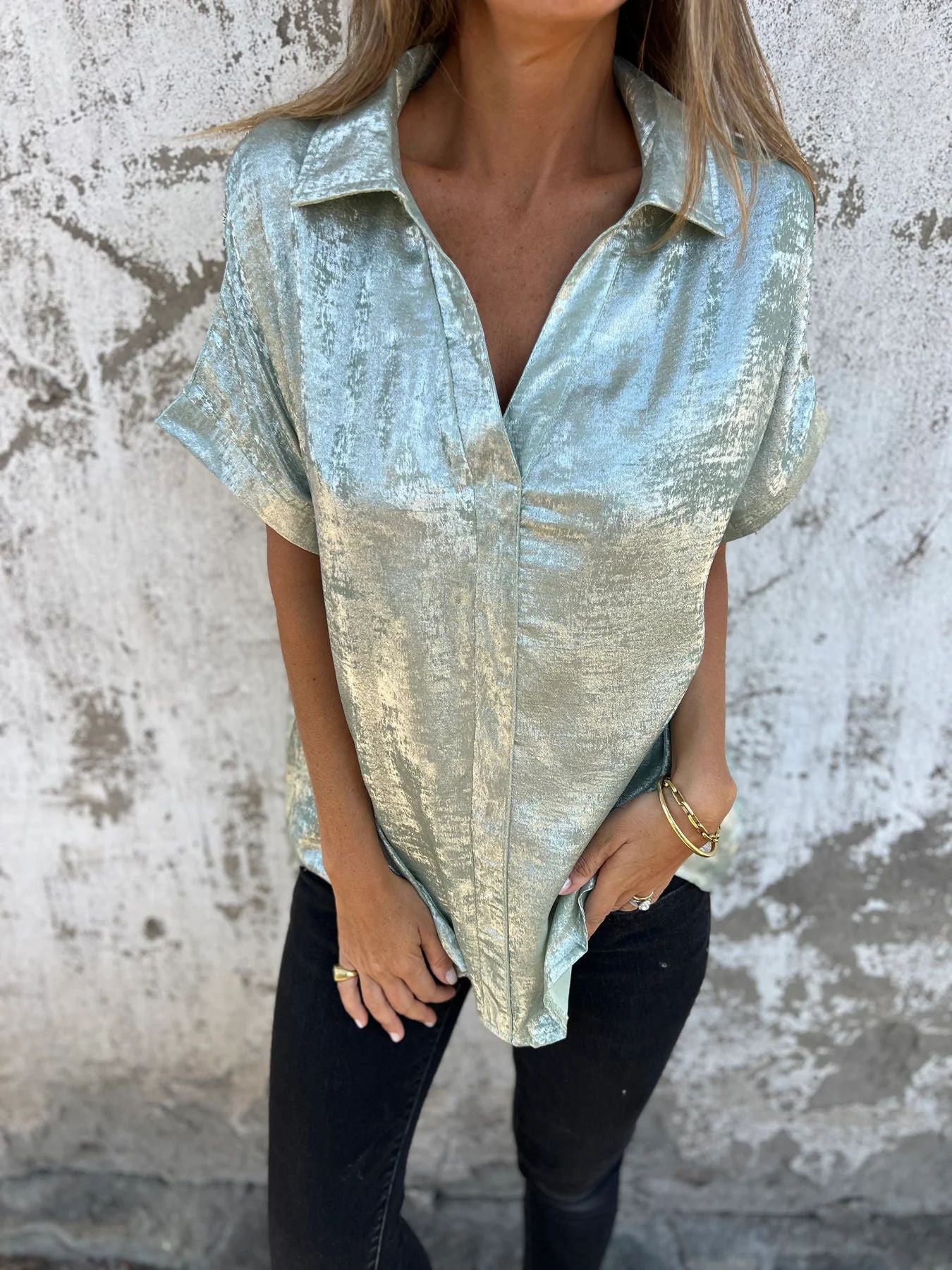 Damen Satin Bluse Elegant Glanz Finish