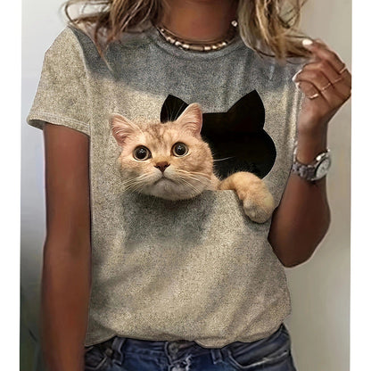 Damen T-Shirt 3D Katze Trendy Risslook