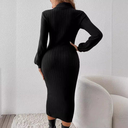 Damen Strickkleid Rippmuster Elegant Lang - IdealeKleiden
