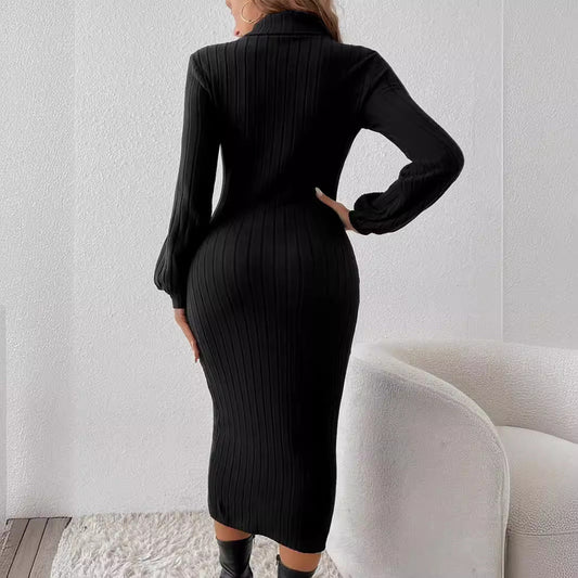 Damen Strickkleid Rippmuster Elegant Lang - IdealeKleiden