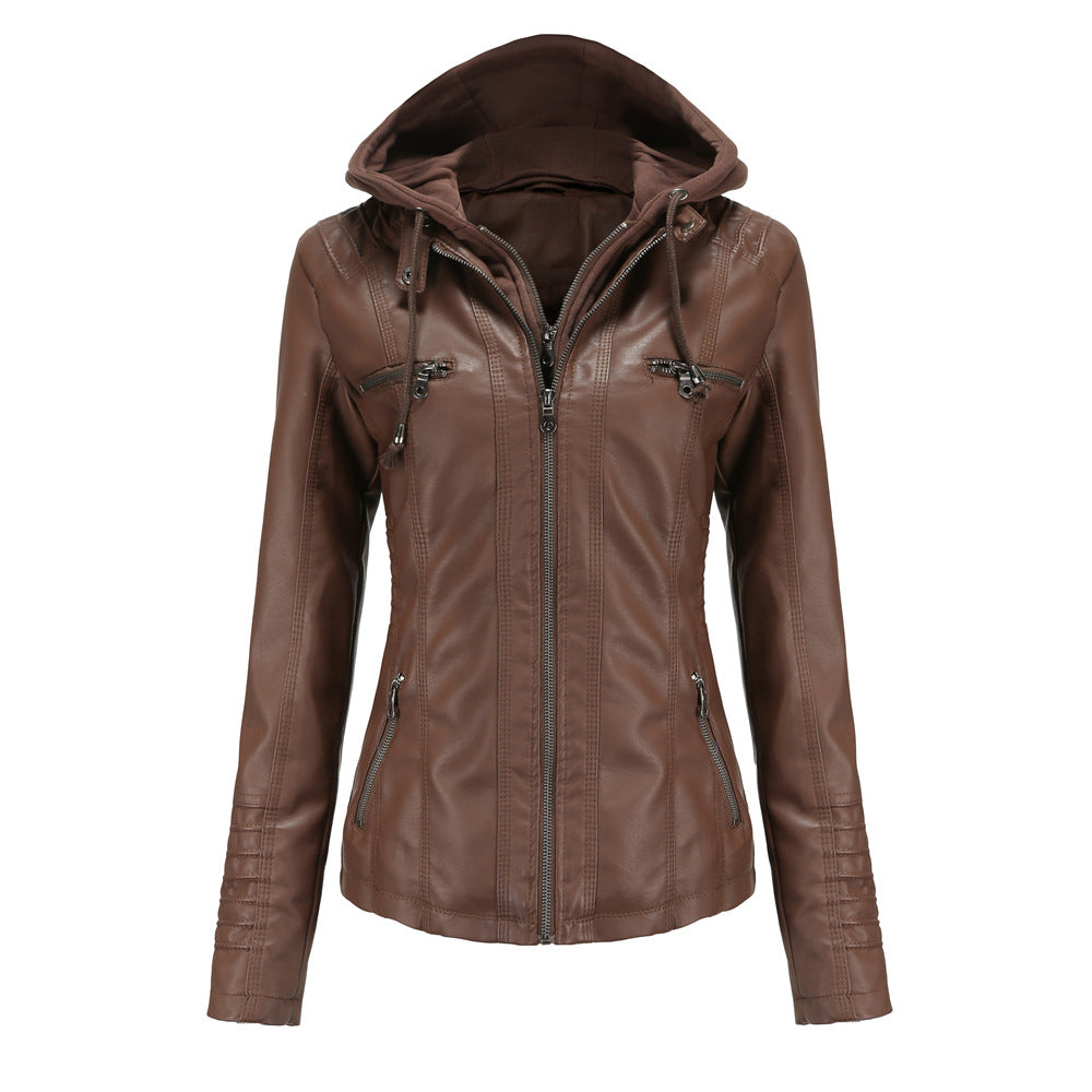 Stylische Lederjacke Slim Fit Kapuze Reißverschluss