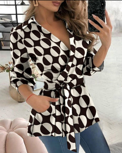 Elegantes Kleid Mit Gürtel V-Ausschnitt Langärmlig