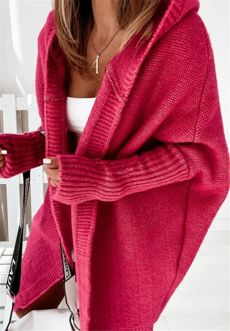 Damen Strickcardigan Kapuze Weite Ärmel Bequem
