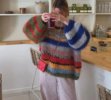 Damen Pullover Weich Bunt Streifenmuster Oversized