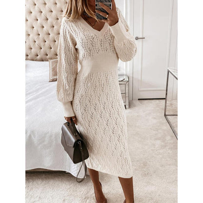 Damen Strickkleid Elegant V-Ausschnitt Durchsichtig Effekt