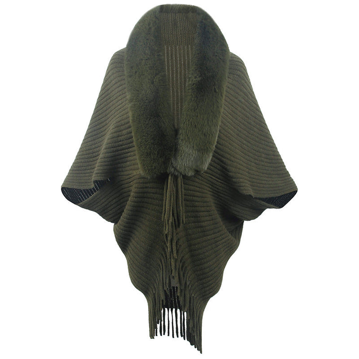 Damen Poncho Luxus Strick mit Kunstfellkragen und Fransen