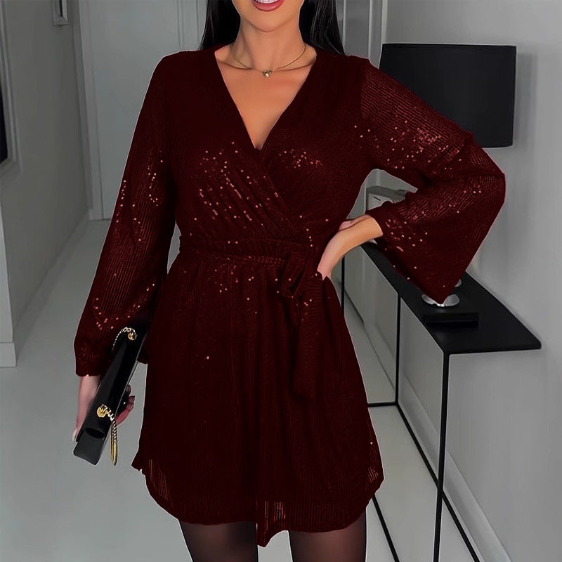 Glitzerndes Abendkleid Damen Elegant V-Ausschnitt