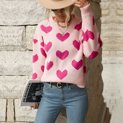 Damen Pullover Herz Muster Weite Passform