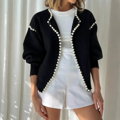 Damen Strickjacke Offen mit Perlenbesatz Elegantes Design - IdealeKleiden