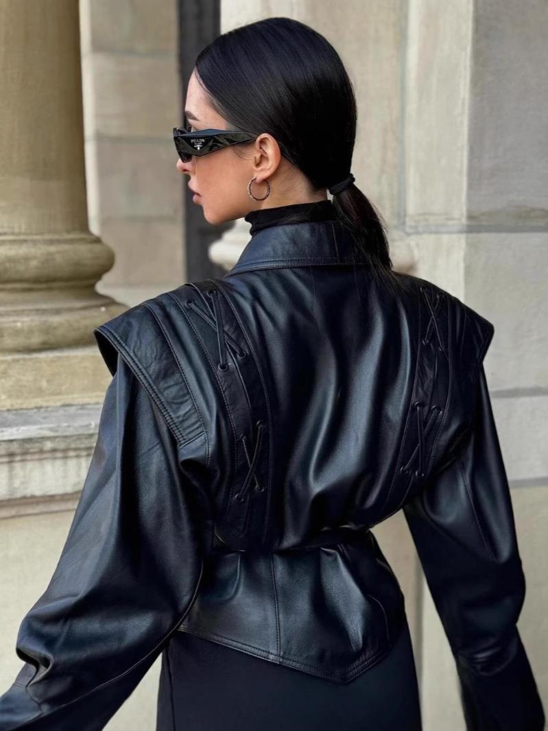 Modischer Blazer Schnürstil Kunstleder - IdealeKleiden