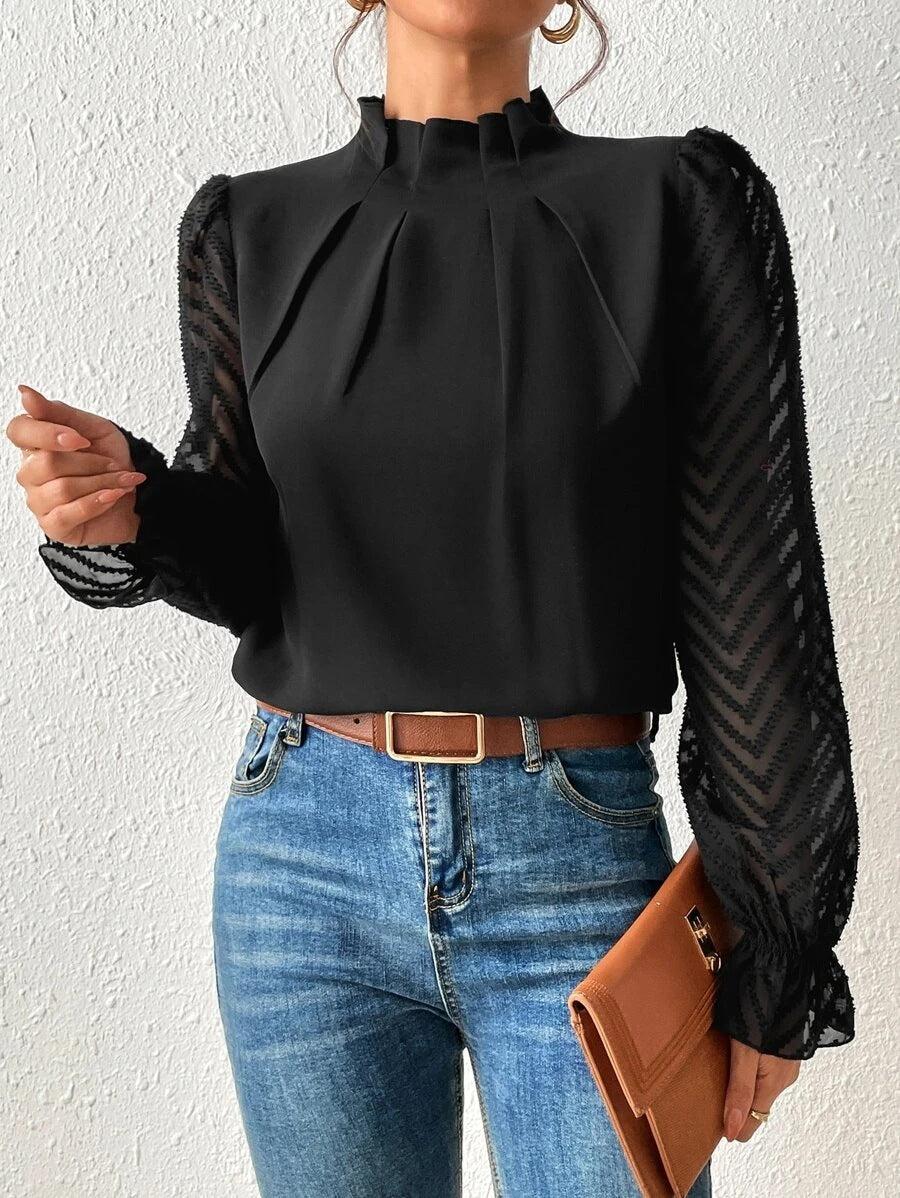 Elegante Bluse Damen Plissierter Kragen Durchsichtige Ärmel