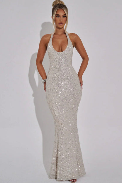Damen Abendkleid Glitzer Pailletten Tiefes V Schulterfrei