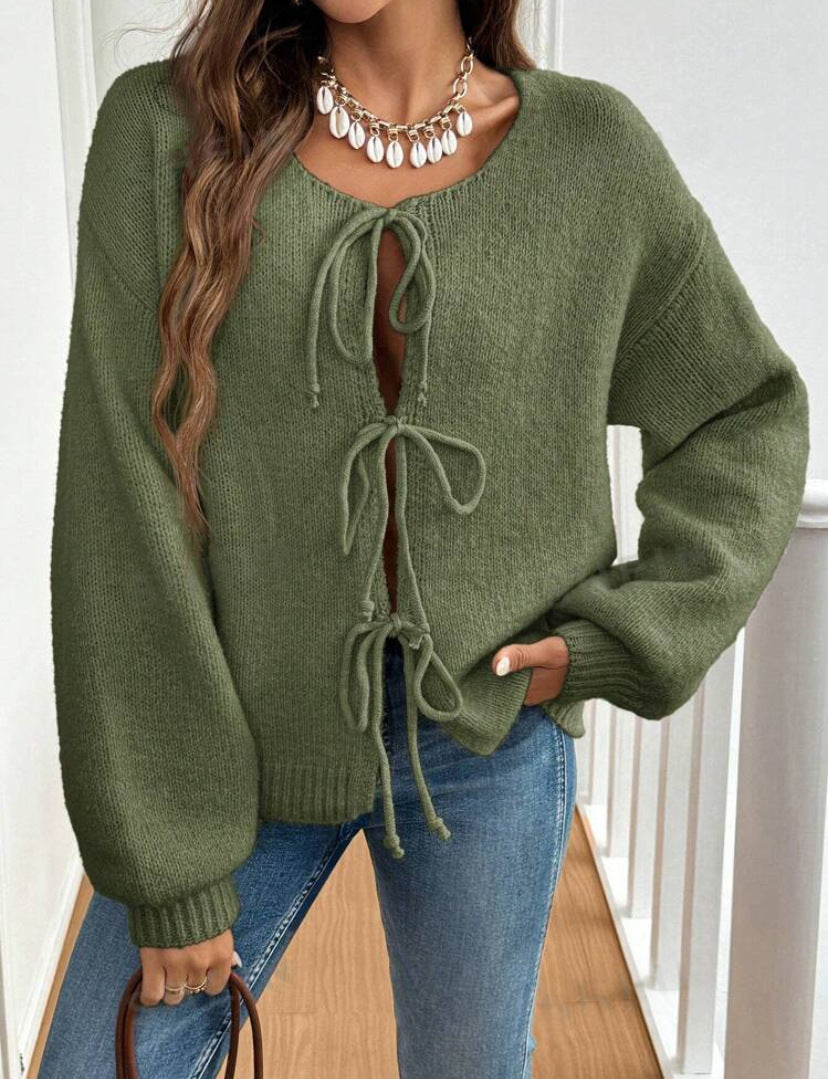Damen Strickpullover Weich Großzügig Schnürdetail