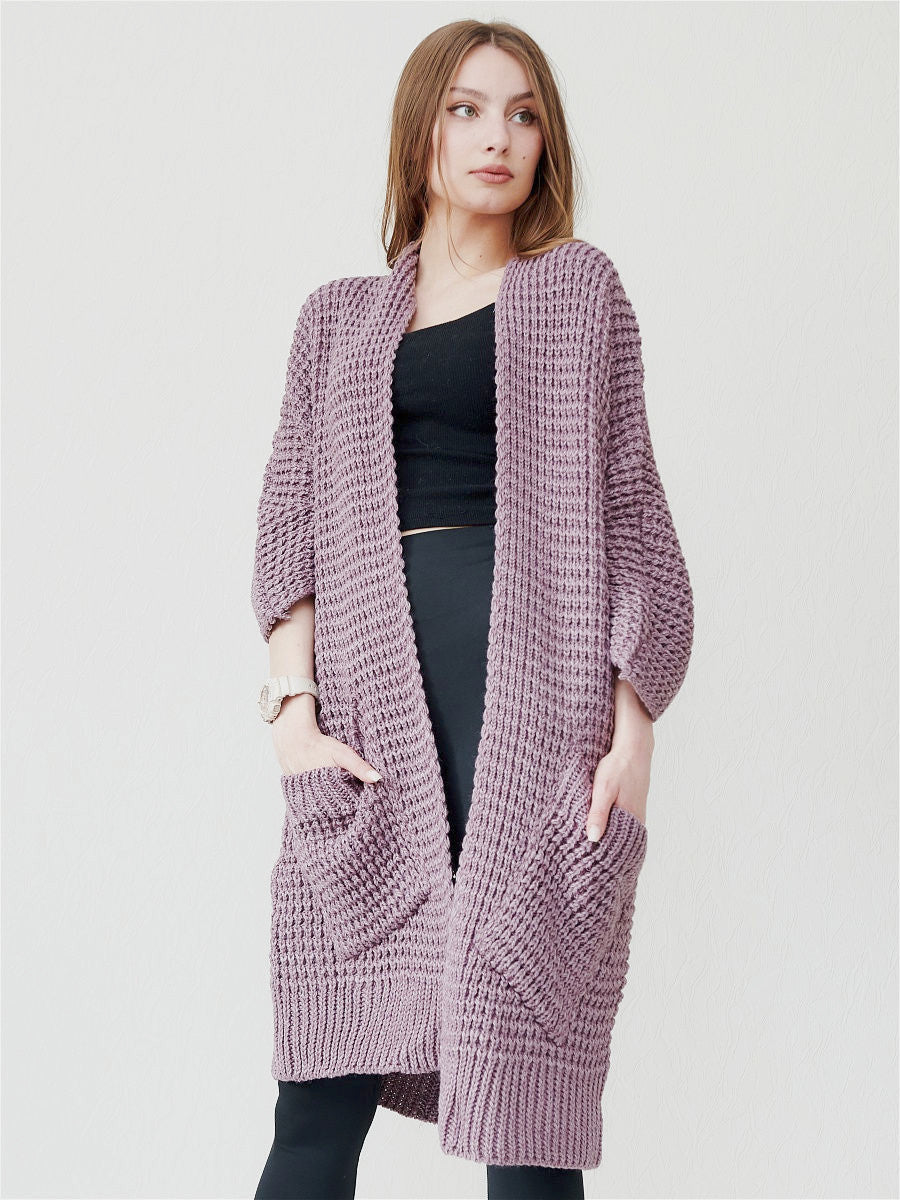 Oversized Strickjacke Offen Vorne Große Taschen