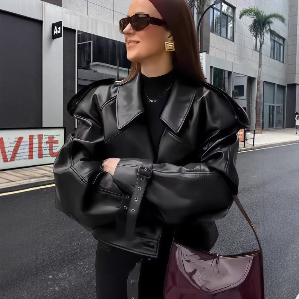 Damen Lederjacke Oversized Schnitt Trendy Manschetten