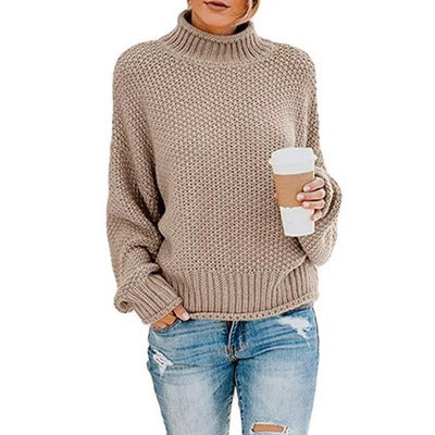 Damen Pullover Grobstrick Stehkragen Oversized Ärmel