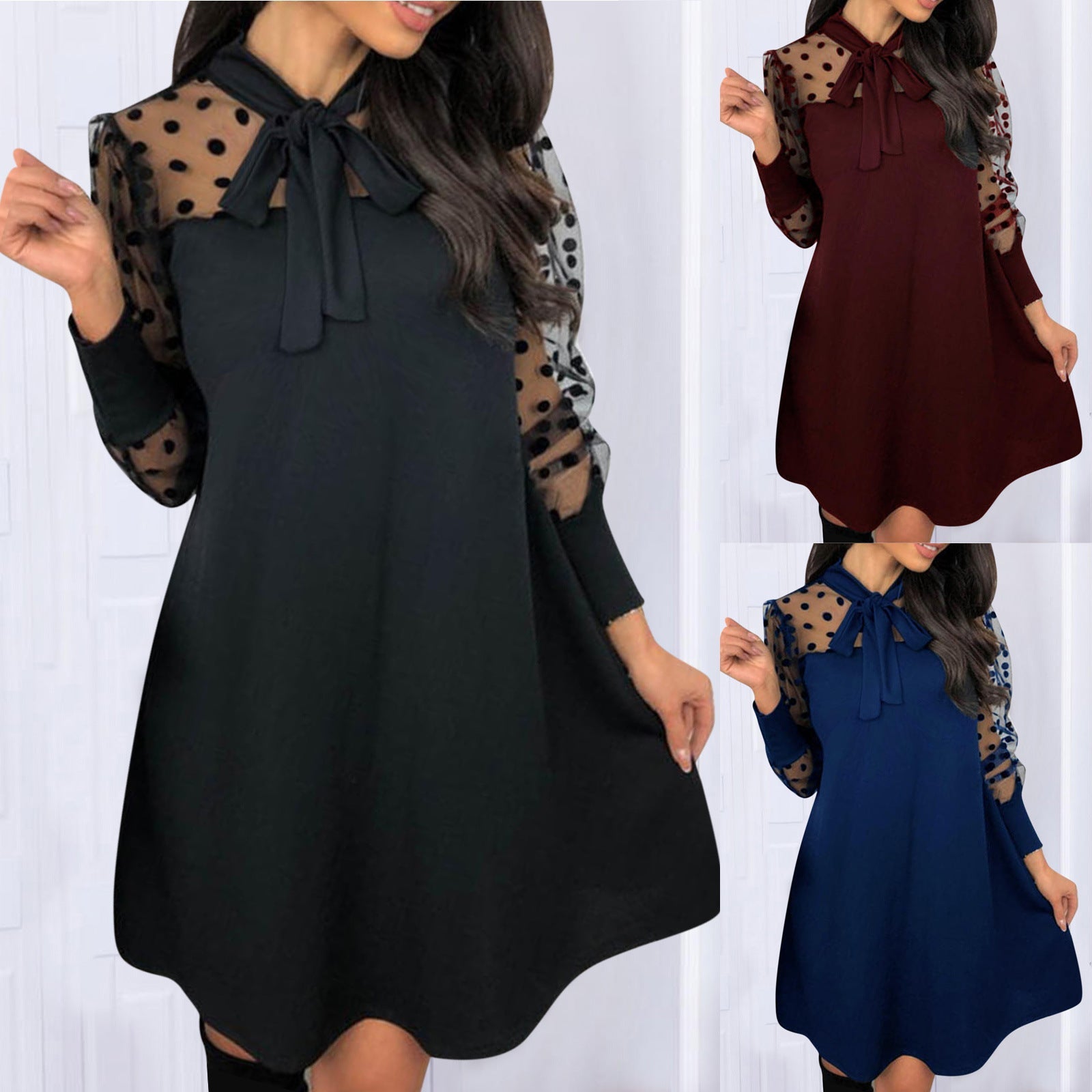Damen Chiffonkleid Elegantes Pünktchen Design Mit Schleife - IdealeKleiden