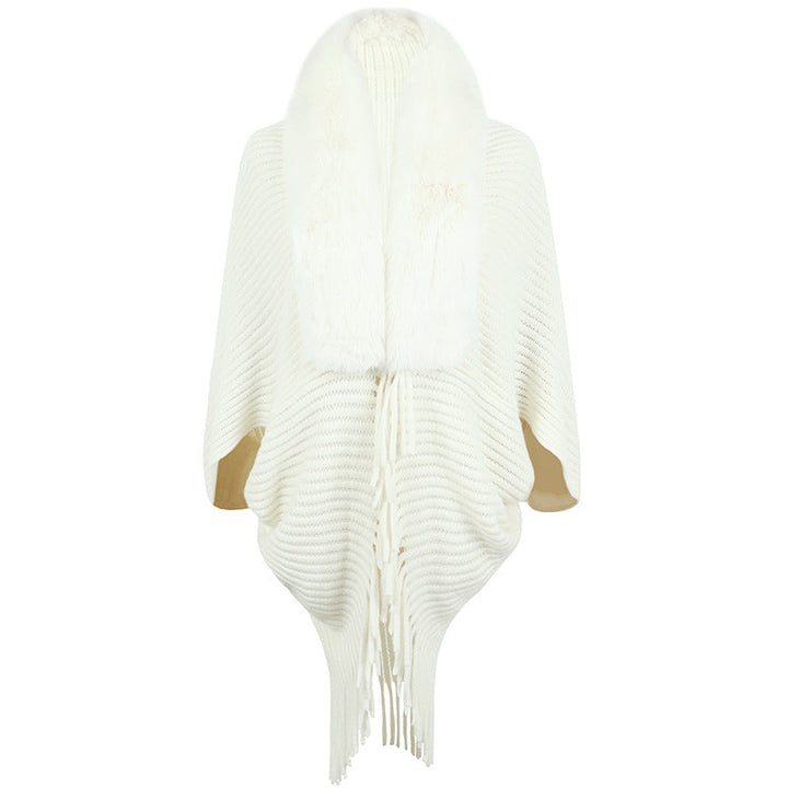 Damen Poncho Luxus Strick mit Kunstfellkragen und Fransen