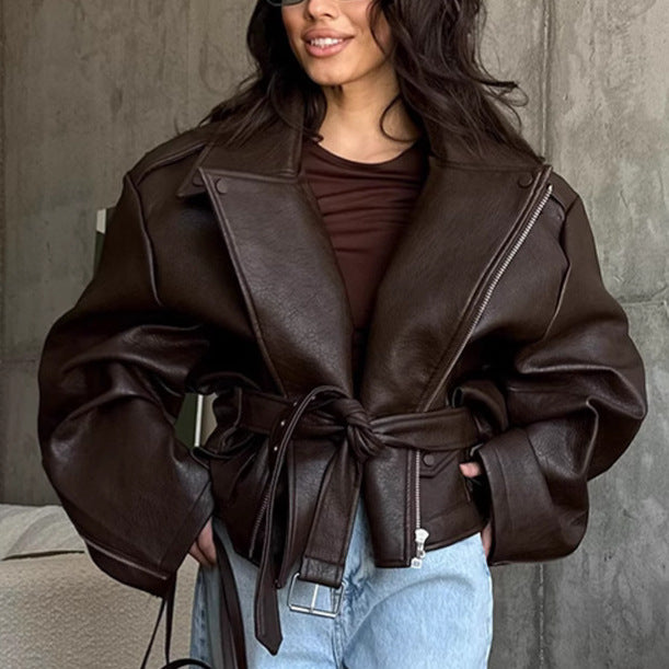 Große Damen Lederjacke Lässig Chic - IdealeKleiden
