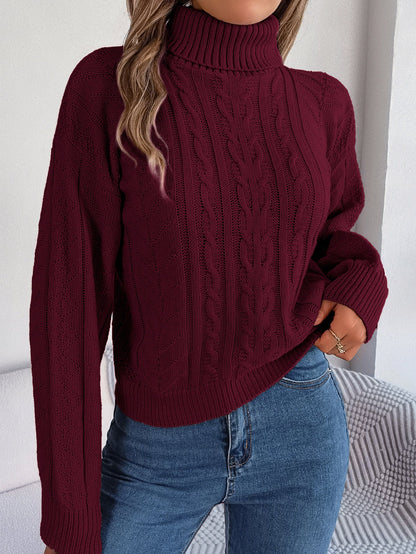Damen Strickpullover Stehkragen Zopf Muster
