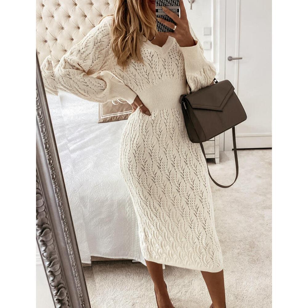 Damen Strickkleid Elegant V-Ausschnitt Durchsichtig Effekt