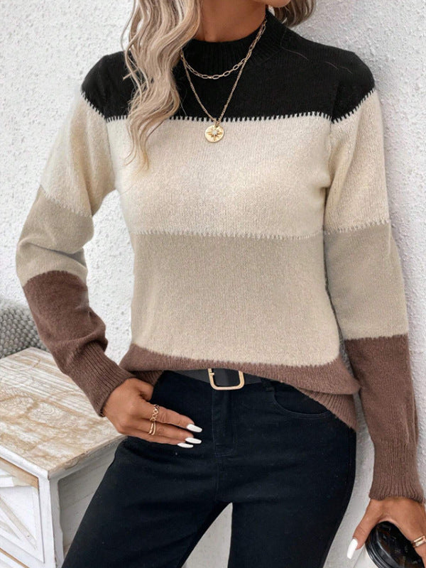 Damen Strickpullover Trendig Blockstreifen Hoher Kragen