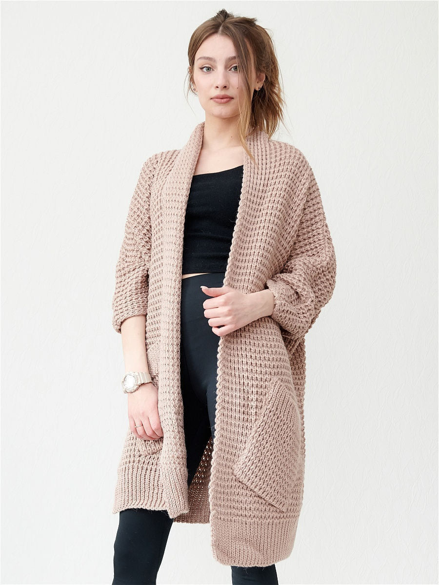 Oversized Strickjacke Offen Vorne Große Taschen