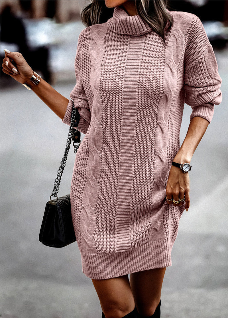 Damen Strickkleid Hochkragen Kordel Muster Eleganz