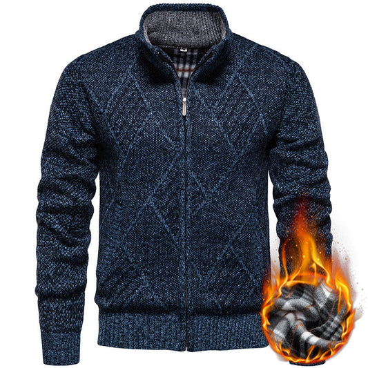 Herren Strickjacke Modern Zopf Muster Hochkragen - IdealeKleiden