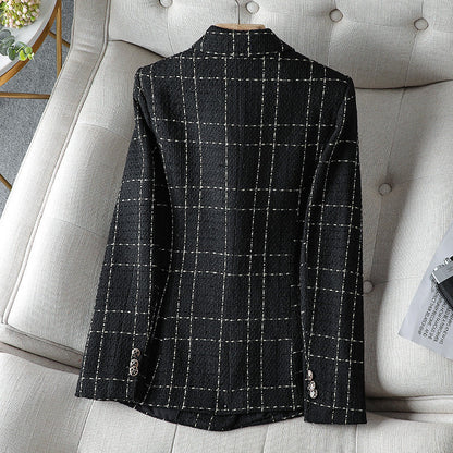 Stylischer Blazer Tweed Optik Doppelreihen Knöpfe Karomuster - IdealeKleiden