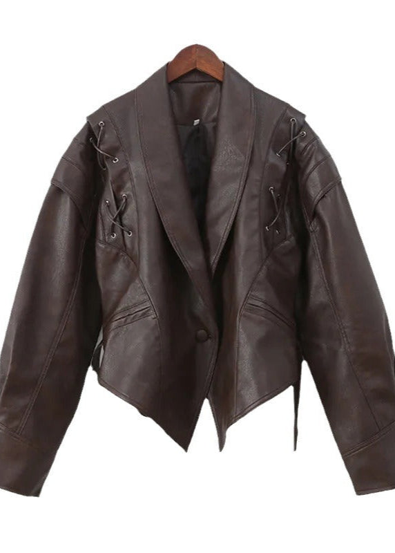 Stylische Blazer Damen Faux Leder Schnüren
