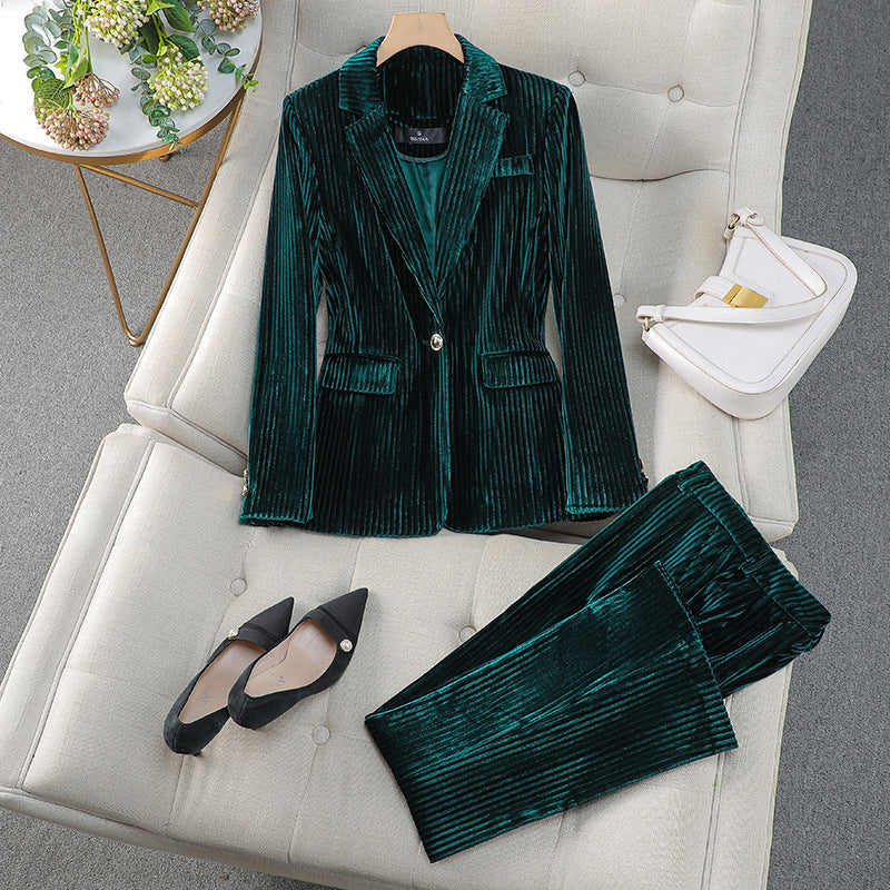 Elegantes Blazer-Kleid Satz, Taillierte Form, Samt Optik