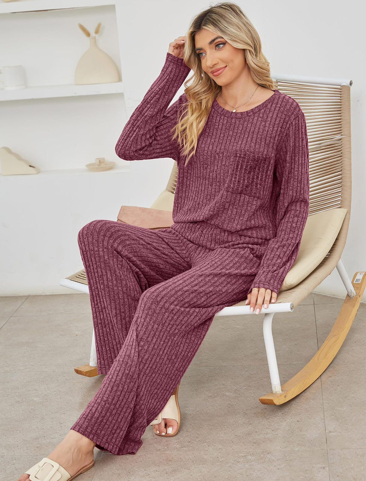 Bequemer Lounge Satz Strick Rib Lockere Passform - IdealeKleiden