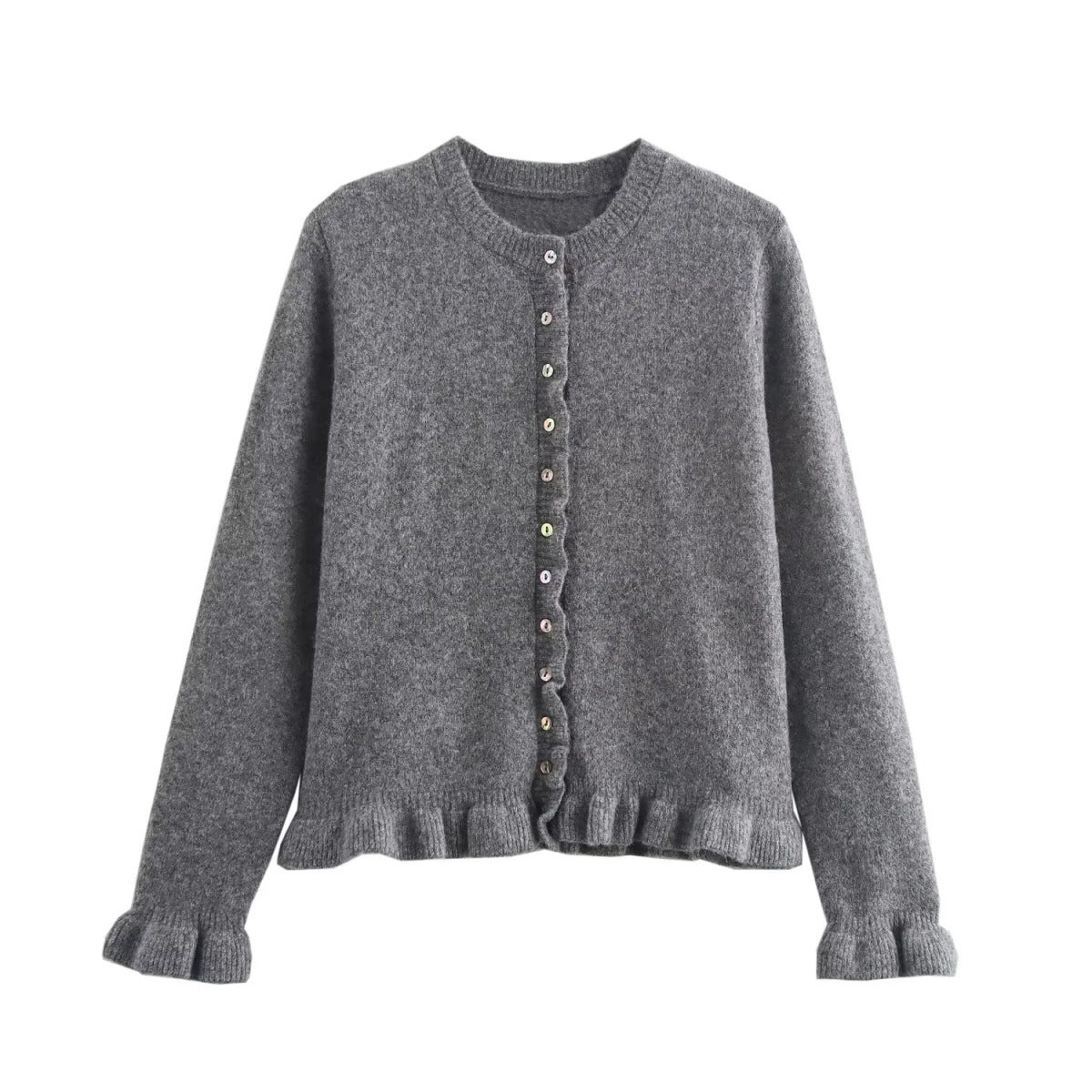 Damen Strickjacke Elegant Rüschensaum Knopfverschluss