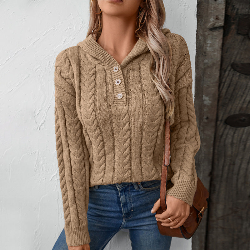 Damen Strickpulli Kapuze Zopf Muster Winter - IdealeKleiden