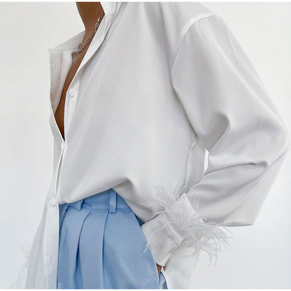 Damen Bluse Elegant Feder Dekolleté Satin