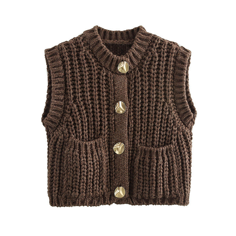 Damen Strickweste Elegant mit Knöpfen und Taschen - IdealeKleiden