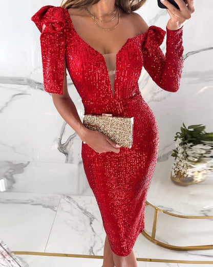 Elegantes Pailletten-Kleid Damen Kurz CocktailkleidSexy V-Ausschnitt
