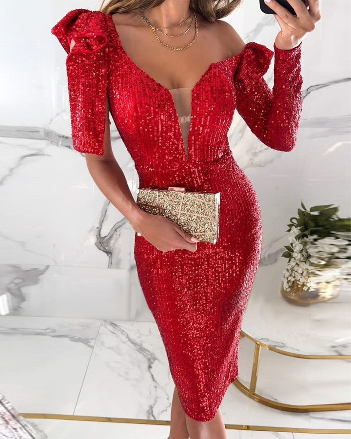Elegantes Pailletten-Kleid Damen Kurz CocktailkleidSexy V-Ausschnitt