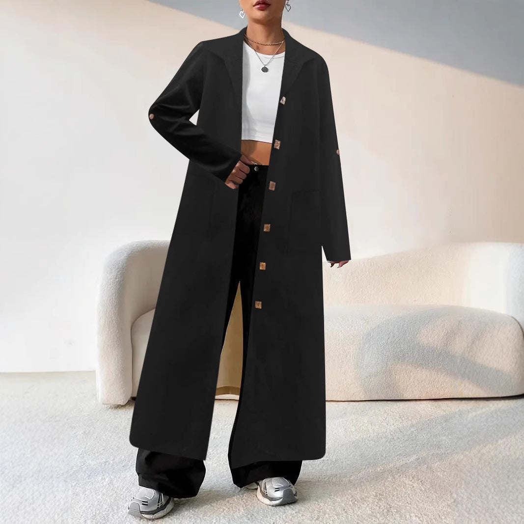 Damen Mantel Lang Elegant mit Taschen und Knöpfen