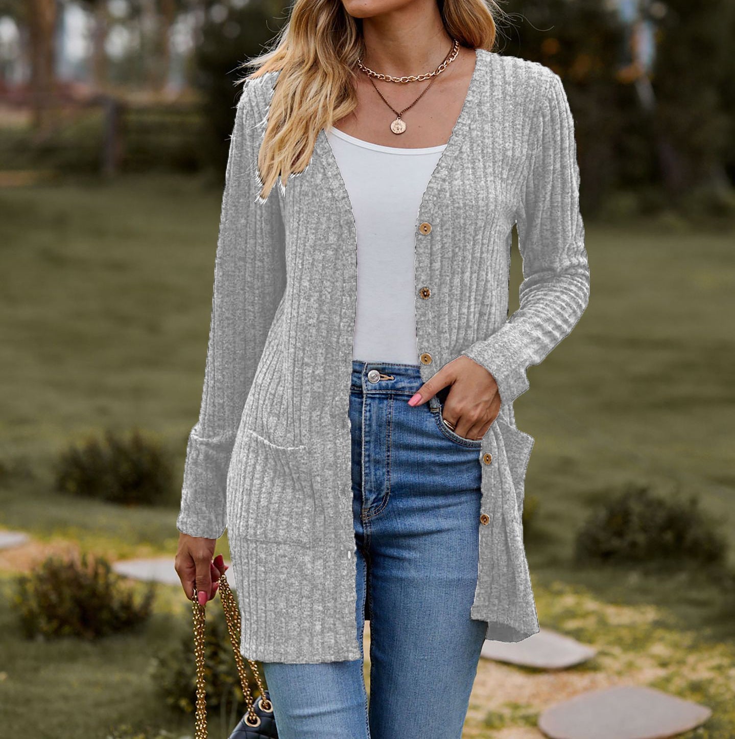 Damen Strickjacke Kuschelweich Mit Taschen Rippmuster