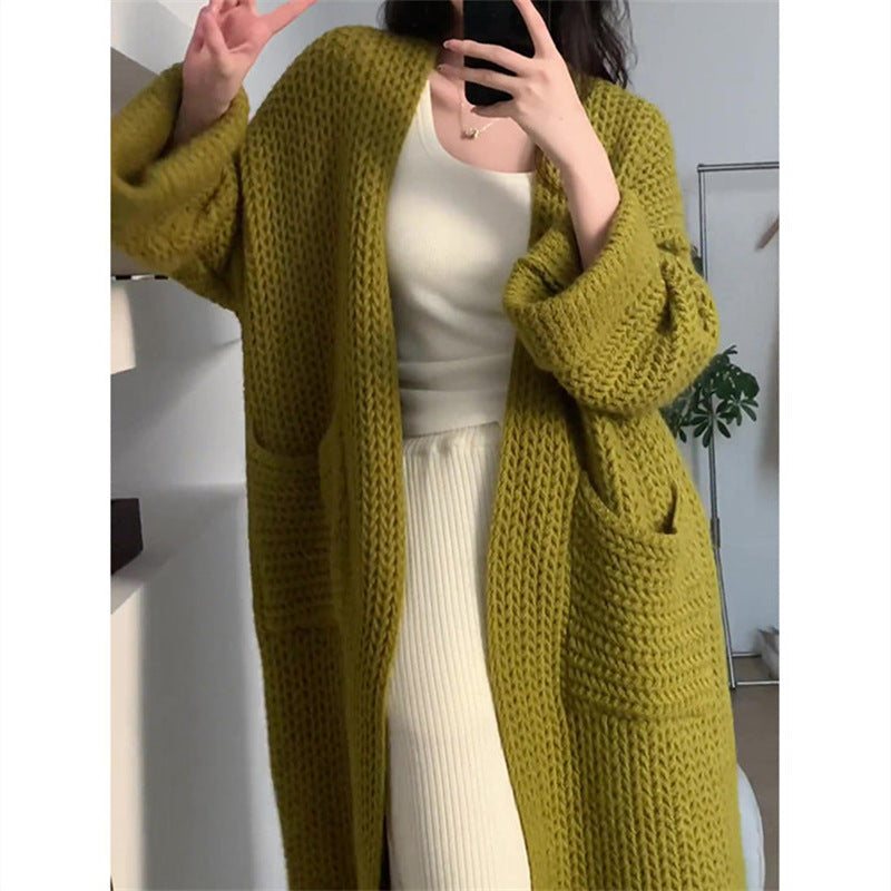 Damen Strickjacke Lang Elegant mit Taschen