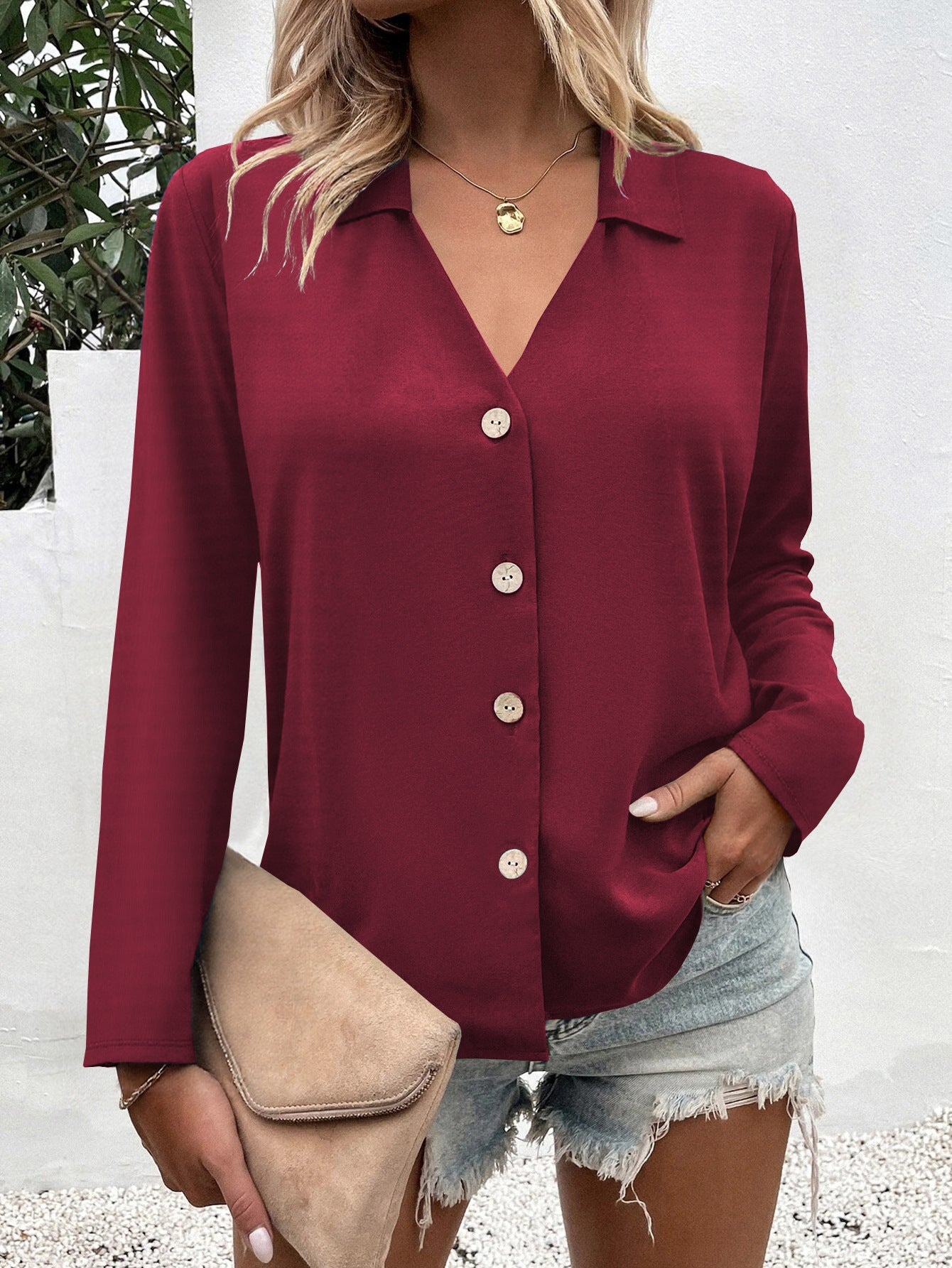 Damen Bluse Chic Knopfleiste Elegantes Oberteil