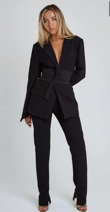 Damen Blazer Lang Elegant Schnitt Mit Taschen