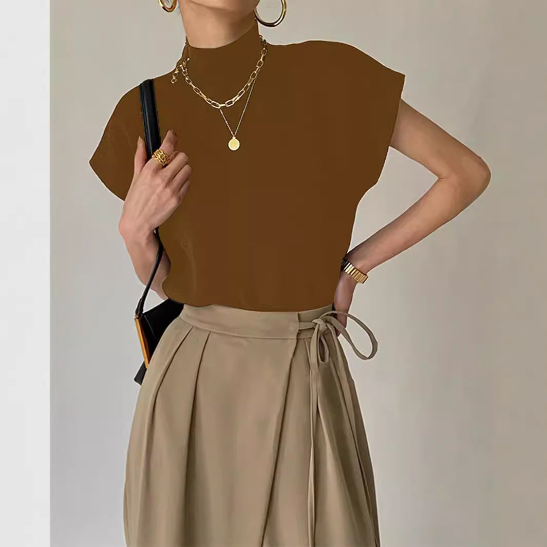 Damen Top Kurzarm Elegant Stehkragen
