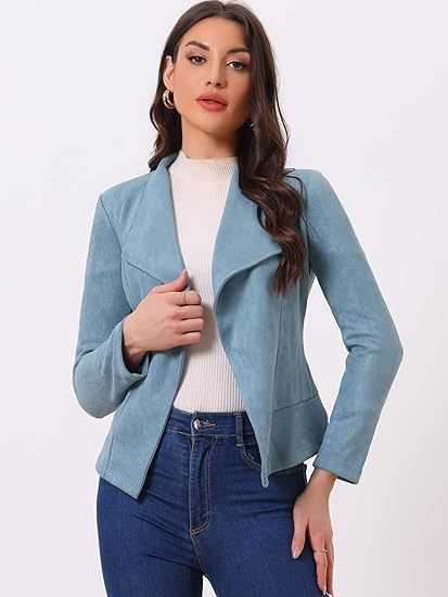 Damen Lederjacke Trendy Offener Schnitt Mit Taschen