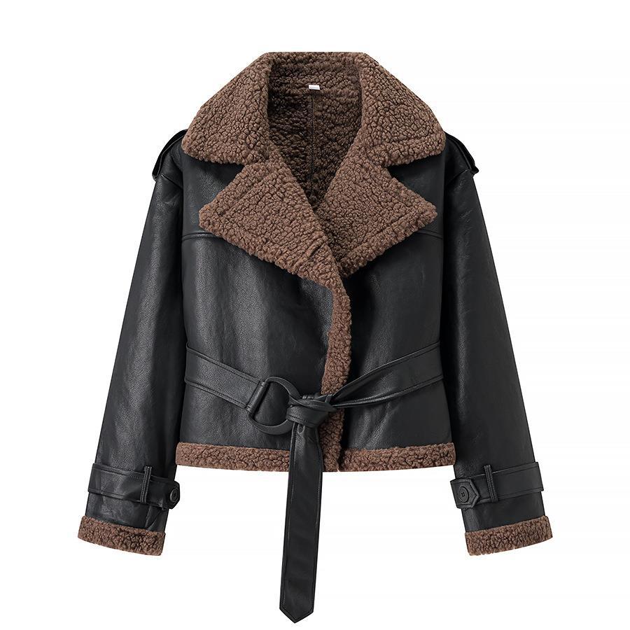 Damen Lederjacke Teddyfutter Elegant Tailliert