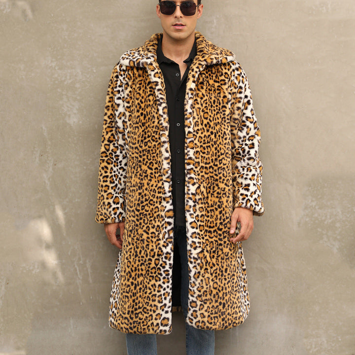 Herren Kunstpelz Mantel Leopardenmuster Elegant Schwarz
